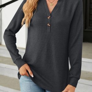 V Neck Long Sleeve Plain Buckle Regular Loose Shirt For Women, Blouses, color:Gray|size:XXL, Noracora