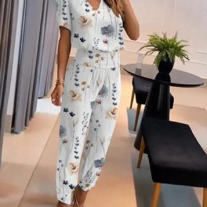 Casual Floral Loose Two-Piece Set, Suit Set, color:White|size:XXL, JustFashionNow