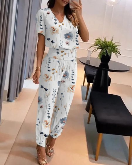 Casual Floral Loose Two-Piece Set, Suit Set, color:White|size:XXL, JustFashionNow