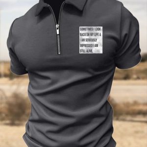 Men’s Sometimes I Look Back  On My Life I Am Seriously Impressed I Am Still Alive Casual Text Letters Polo Shirt, color:Deep Gray|size:3XL, Lilicloth.com