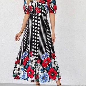 Casual Polka Dots V Neck Regular Fit Dress, Dresses, color:flower|size:3XL, JustFashionNow