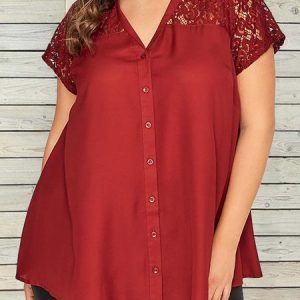 Plus Size Lace Plain Casual V Neck Blouse, Shirts & Blouses, color:Red|size:4X, JustFashionNow