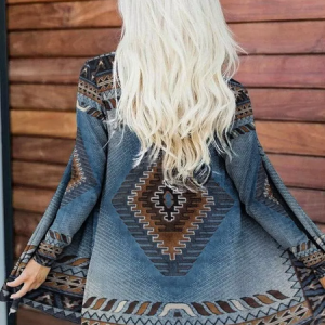 Vintage Lightweight Open Front Bohemia Ethnic Casual Cardigan Coat for Women, Cardigans, color:Blue|size:XXL, JustFashionNow