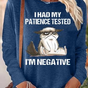 Women's I Had My Patience Tested I'm Negative Cat Funny Sarcasm Long Sleeve Top, color:Blue|size:3XL, Lilicloth.com