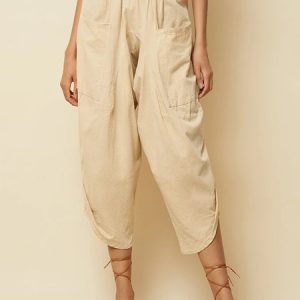 Cotton And Linen Plain Casual Loose Pants, Pants, color:Khaki|size:XXL, JustFashionNow