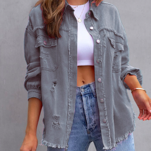 Shawl Collar Long Sleeve Plain Ripped Regular Loose Denim Jacket For Women, Jackets, color:Gray|size:XXL, Noracora
