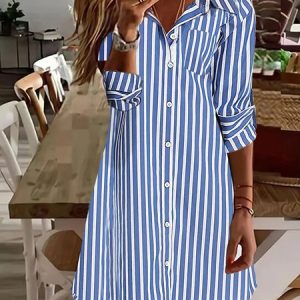 Womens Shirt Collar Striped Casual Dress, Short, color:Blue|size:XXL, catalog Noracora shop