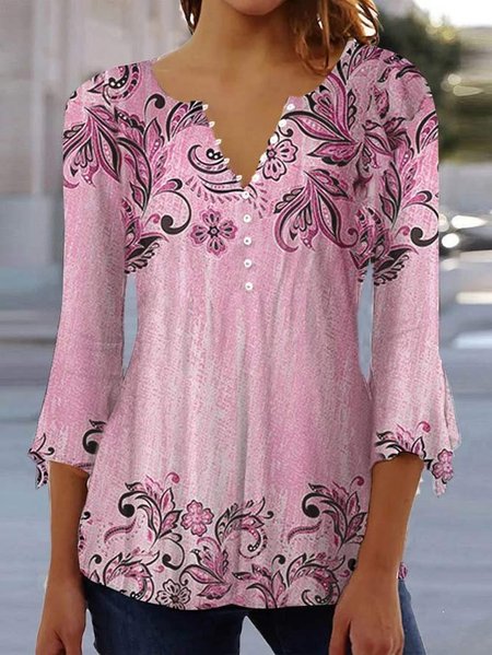 Casual Crew Neck Loose Floral Shirt, Shirts & Blouses, color:Pink|size:XXL, JustFashionNow