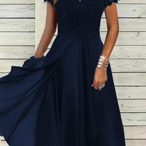 Women's Casual V neck Plain Loose Short Sleeve Dress, Midi, color:Blue|size:XS, Noracora
