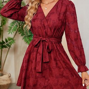 Flare Sleeve Elegant V Neck Split Joint Wedding Dress & Party Dress, Party Dresses, color:Wine Red|size:XL, JustFashionNow