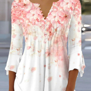 Flare Sleeve V Neck Casual Shirt, Shirts & Blouses, color:Pink|size:XXL, JustFashionNow