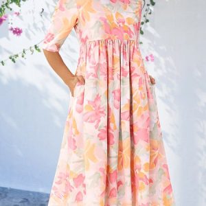 Loose Floral Crew Neck Casual Dress, Dresses, color:Pink|size:XXL, JustFashionNow