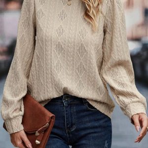 Crew Neck Long Sleeve Plain Regular Medium Elasticity Loose Shirt For Women, T-shirts, color:Khaki|size:XXL, Noracora