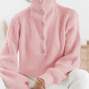 Daily Causal  Plain Buttoned Sweater, Pullovers, color:Pink|size:XXL, Stylewe