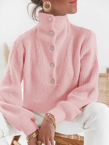Daily Causal Plain Buttoned Sweater, Pullovers, color:Pink|size:XXL, Stylewe
