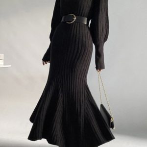 Daily Long sleeve Elegant Turtleneck Plain Dress, Maxi Dresses, color:Black|size:XXL, Stylewe