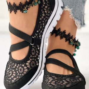 Breathable Hollow out Lace Panched Casual Slip-on Sneakers, Flats, color:Black|size:42, JustFashionNow