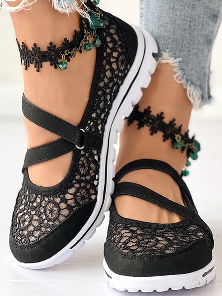 Breathable Hollow out Lace Panched Casual Slip-on Sneakers, Flats, color:Black|size:42, JustFashionNow