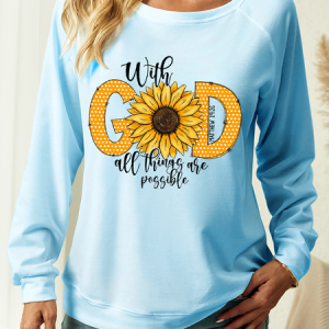 Women's Bible Verse With God All Things Are Possible Crew Neck Sweatshirt, color:Light Blue|size:3XL, Lilicloth.com