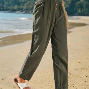 Plain Loose Buckle Casual Pants, Pants, color:Army Green|size:XXL, JustFashionNow