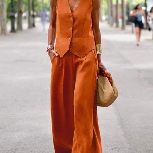 Cotton Buttoned Plain Casual Two-Piece Set, Suit Set, color:Brown|size:XXL, JustFashionNow