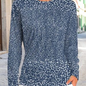 Casual Small Floral Crew Neck Long Sleeve T-shirt, T-shirts, color:Blue|size:5XL, Noracora