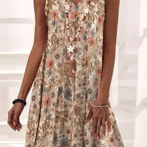 Casual Loose Floral V Neck Dress, Midi, color:Khaki|size:XXL, Noracora