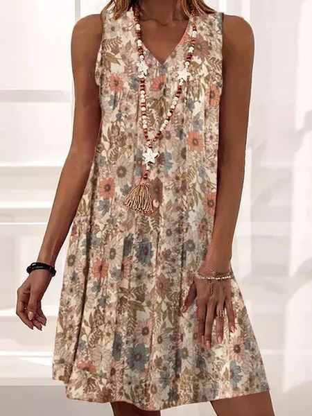 Casual Loose Floral V Neck Dress, Dresses, color:Khaki|size:XXL, JustFashionNow