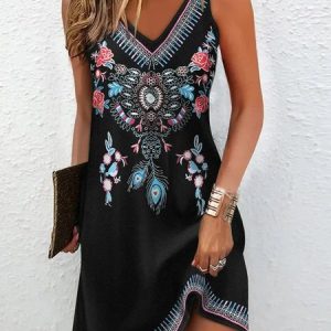 V Neck Casual Ethnic Loose Dress, Short, color:Black|size:XXL, Noracora