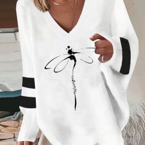 Casual V Neck Dragonfly Sweatshirt, color:White|size:XXL, Lilicloth.com