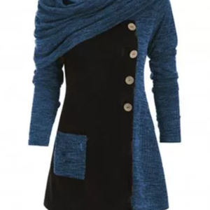 Knitted Cowl Neck Long Sleeve Vintage Knitting Dress, Basic Dresses, color:Blue|size:XXL, JustFashionNow