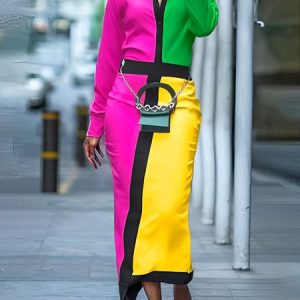 Satin Regular Fit Elegant Color Block Dress, Maxi Dresses, color:Rose Red|size:XXL, Stylewe