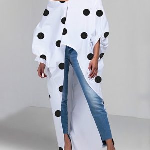 Urban V Neck Polka Dots Loosen Long Sleeve Shirt, Blouses and Shirts, color:Black-white|size:XXL, Stylewe