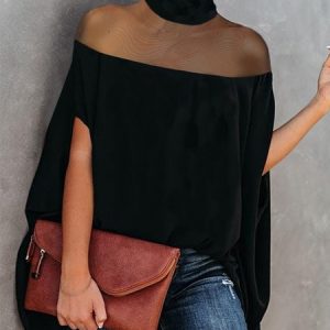 Loose Plain Turtleneck Elegant Blouse, Blouses and Shirts, color:Black|size:XS, Stylewe