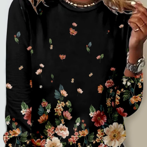 Women's Art Print Regular Fit Crew Neck Casual Floral Shirt, color:As Picture|size:5XL, Lilicloth.com