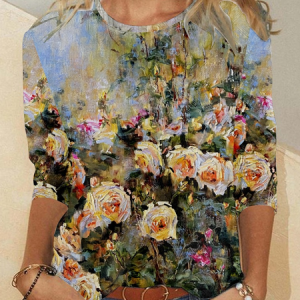 Women's Art Floral Print Casual Crew Neck Regular Fit Shirt, color:As Picture|size:5XL, Lilicloth.com