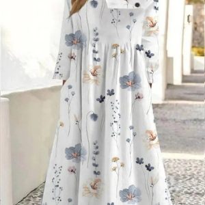 Stand Collar Floral Casual Dress, Dresses, color:White|size:XXL, JustFashionNow