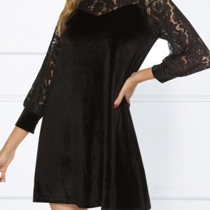 Women Plain Crew Neck Long Sleeve Comfy Party Lace Short Dress, Dresses, color:Black|size:XXL, Noracora