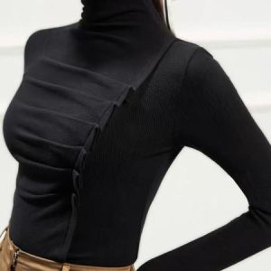 Turtleneck Urban Tight Plain Long Sleeve T-Shirt, Tees, color:Black|size:XXL, Stylewe