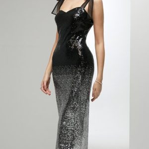 Elegant Spaghetti Ombre Wedding Guest Dress, Maxi Dresses, color:Black|size:XL, Stylewe