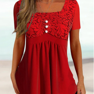 Vacation Plain Square Neck T-Shirt, T-Shirts, color:Red|size:XXL, JustFashionNow