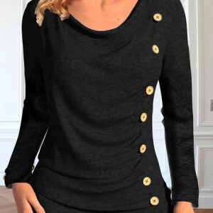 Loose Ruched Buttoned Casual T-Shirt, Shirts & Blouses, color:Black|size:XXL, JustFashionNow