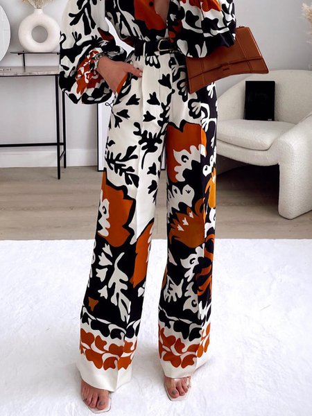 Vacation Printed Fashion Pockets Straight Leg Pants, Wide Leg Pants, color:As Picture|size:XXL, Stylewe