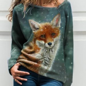 Winter Snow Cute Fox Print Loose T-Shirt, T-Shirts, color:Green|size:XXL, JustFashionNow