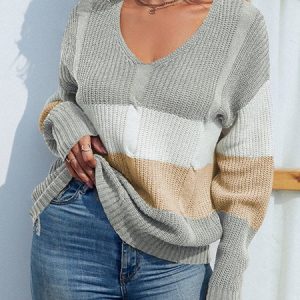 Women Wool/Knitting Colorblock Long Sleeve Comfy Casual Sweater, Sweaters, color:Khaki|size:XL, Noracora
