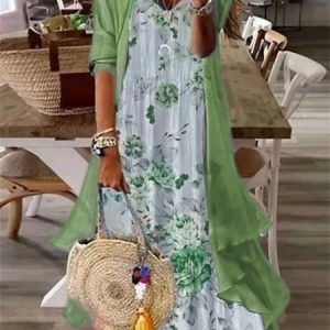 Loose V Neck Casual Floral Two-Piece Set, Suit Set, color:Green|size:XXL, JustFashionNow