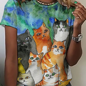 Women's Cute Cat Simple Crew Neck Color Block T-Shirt, T-shirts, Lilicloth.com