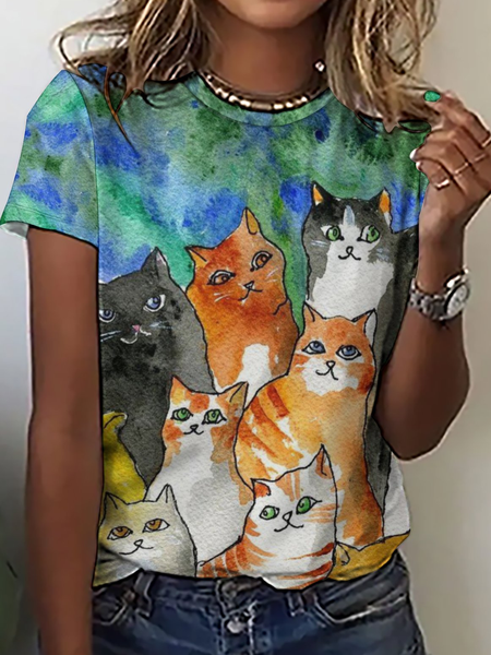Women's Cute Cat Simple Crew Neck Color Block T-Shirt, T-shirts, Lilicloth.com