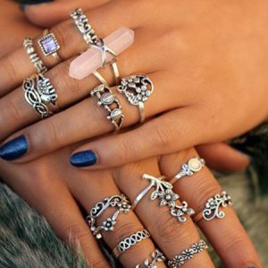 JFN 15Pcs Pink Gemstone Flower Shape Diamond Ring Set, Rings, color:Silver|size:One-size, JustFashionNow