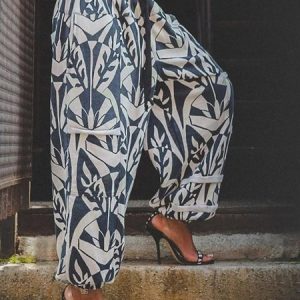 High Waist Casual Geometric Regular Fit Pants, Pants, color:Blue|size:XXL, Stylewe